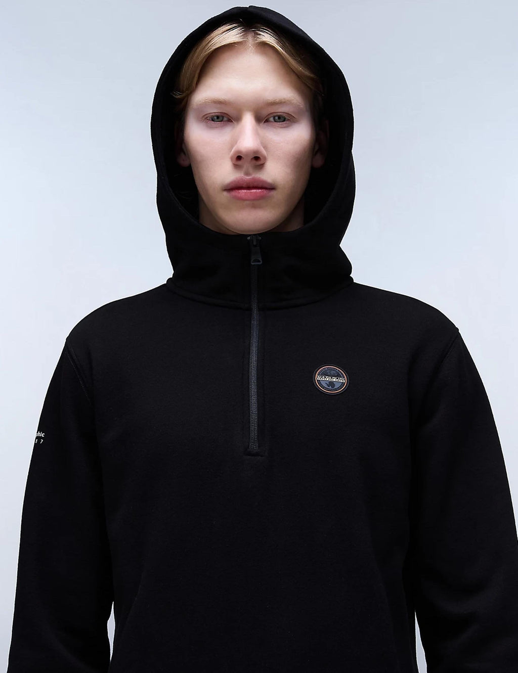 Badge Half Zip Hooded Sweat - Black