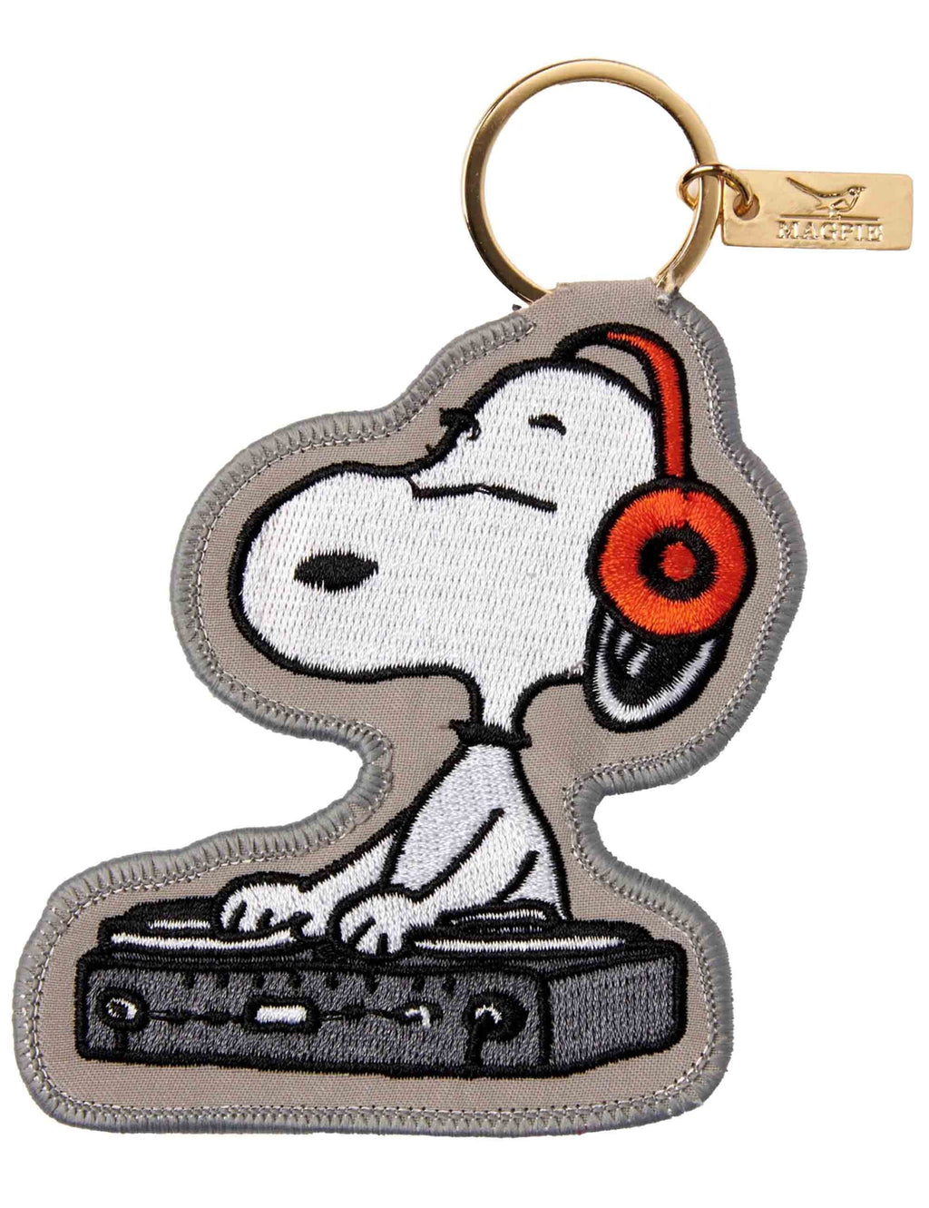 Grey Snoopy DJ keychain charm with headphones and turntable design
