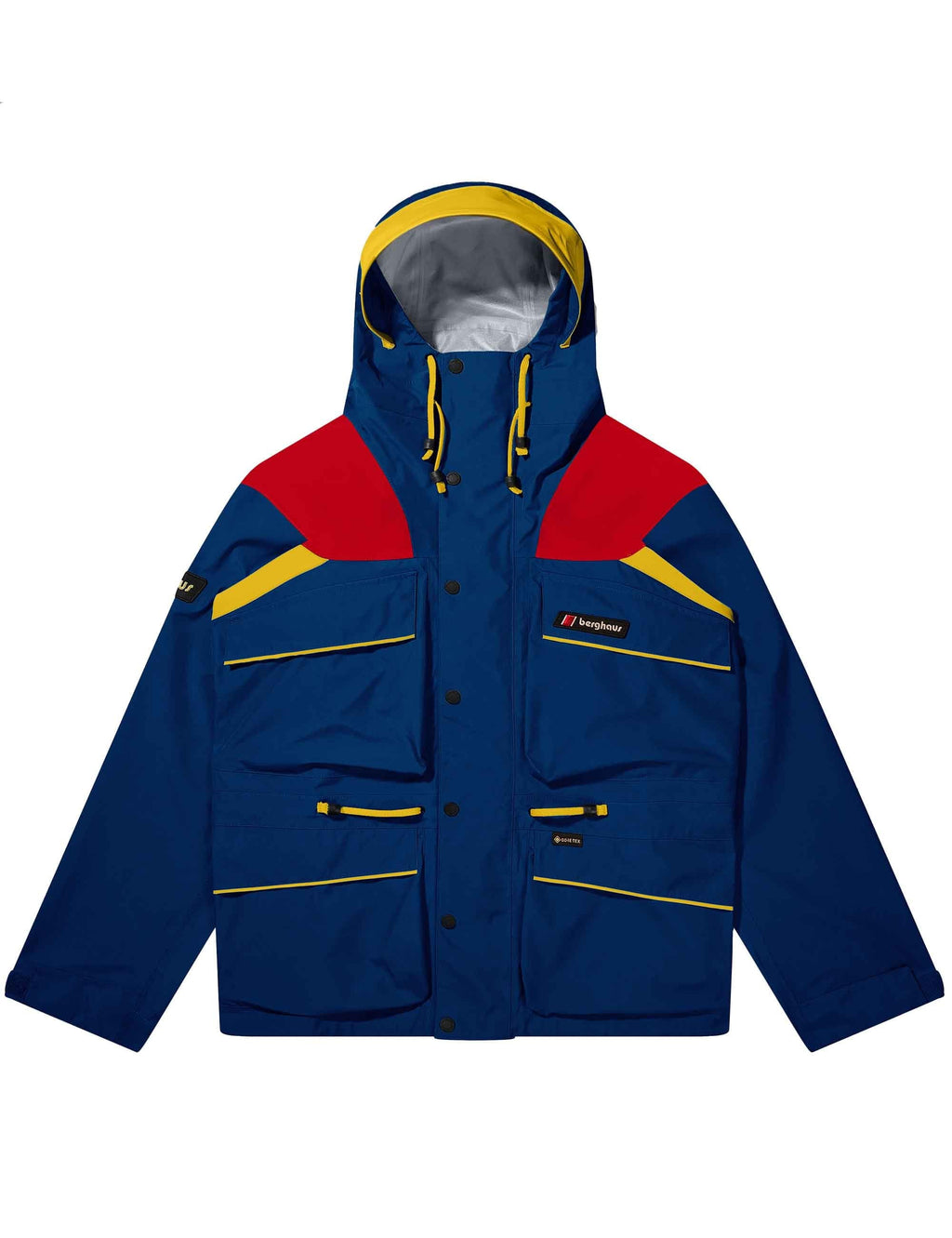 Waterproof jacket with hood, blue body and red panels, yellow-trim drawcords