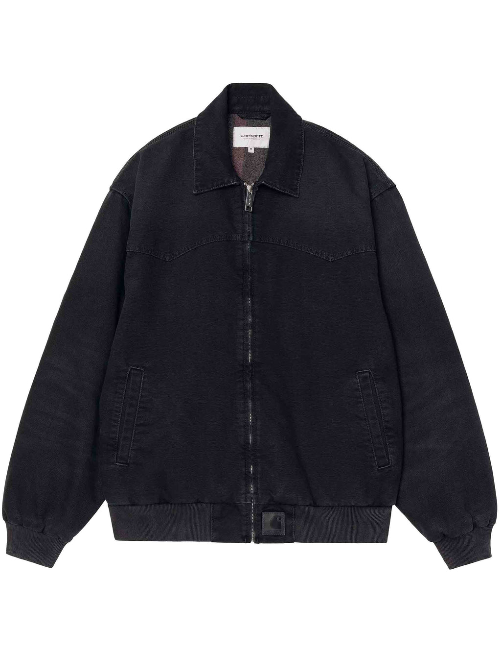 Black jacket with stand collar, zip front, two chest pockets.