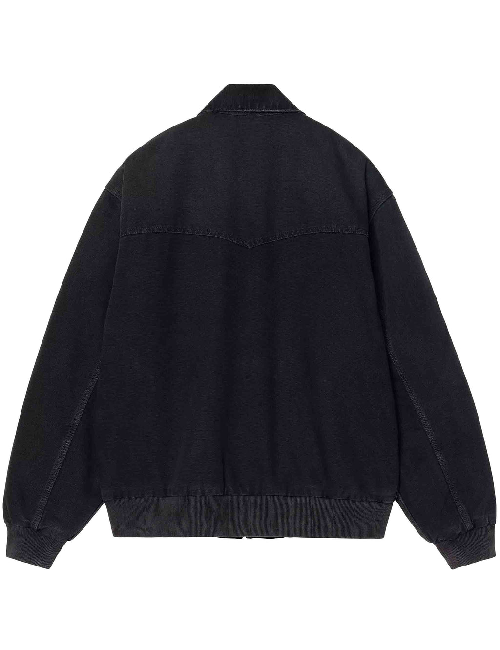 Black denim jacket, full back view with stand collar and elastic cuffs.