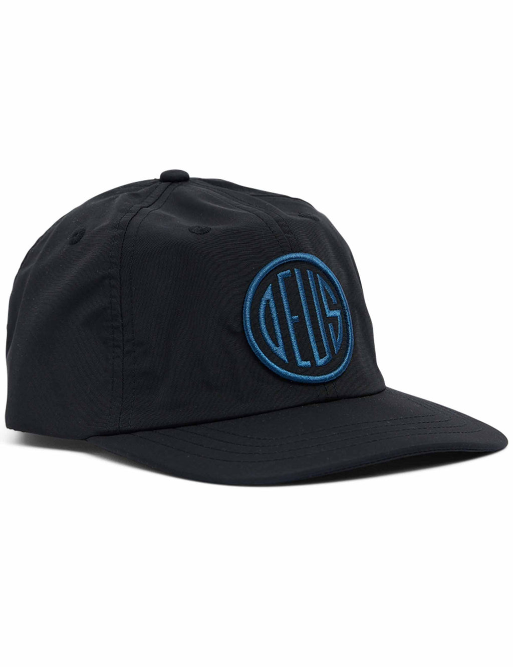 Black baseball cap with blue circular logo patch on front