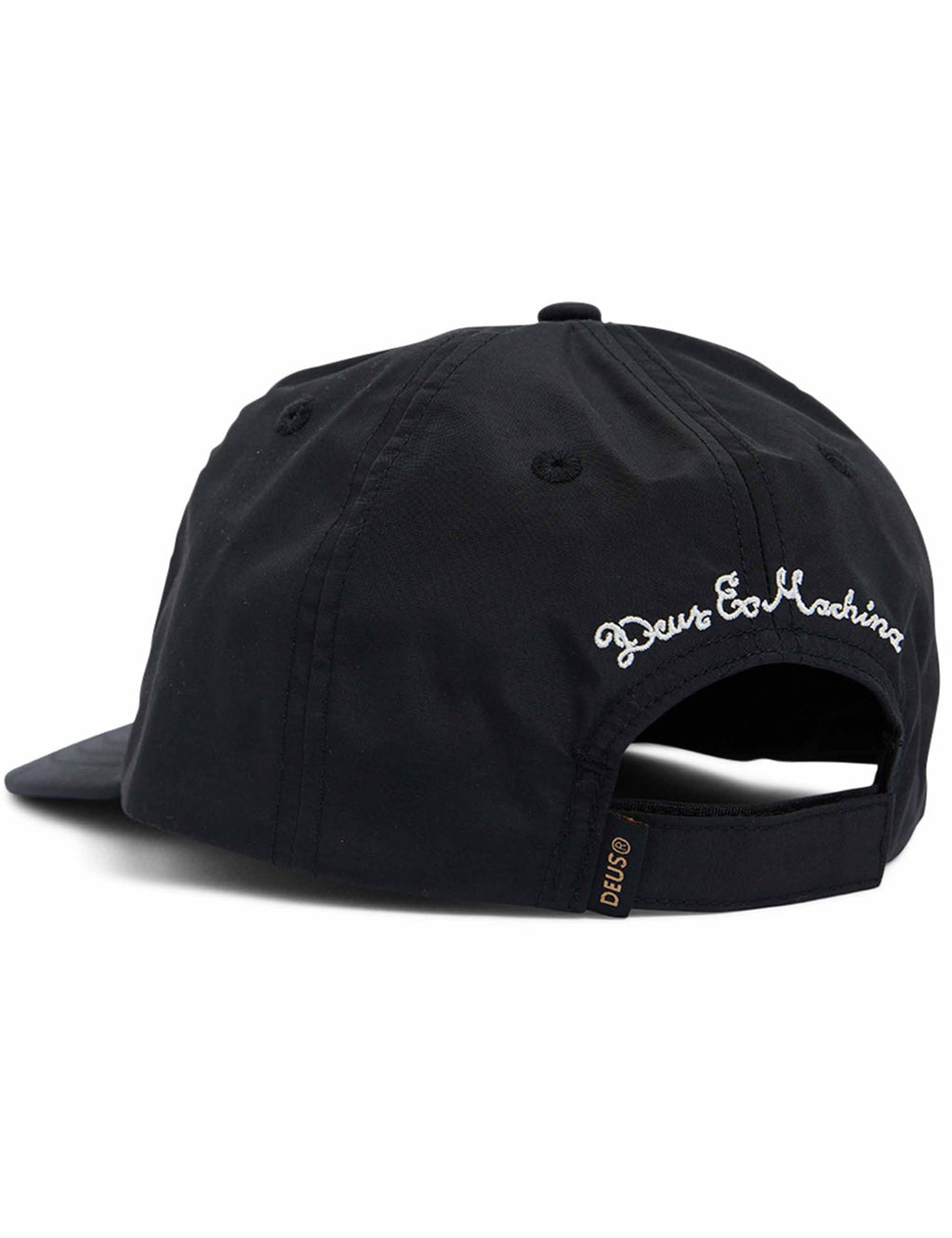 Black baseball cap with embroidered script logo and side strap