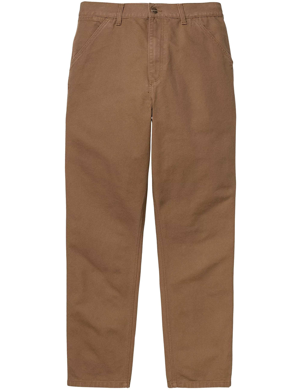 Brown straight-leg pants with zip fly, belt loops, front button closure