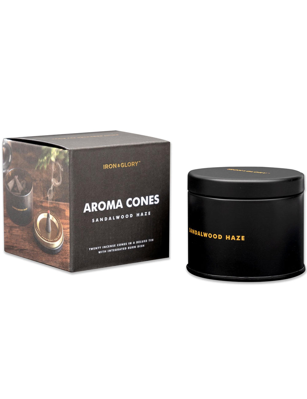 Aroma incense cones tin set with gift box and round metal container, black finish