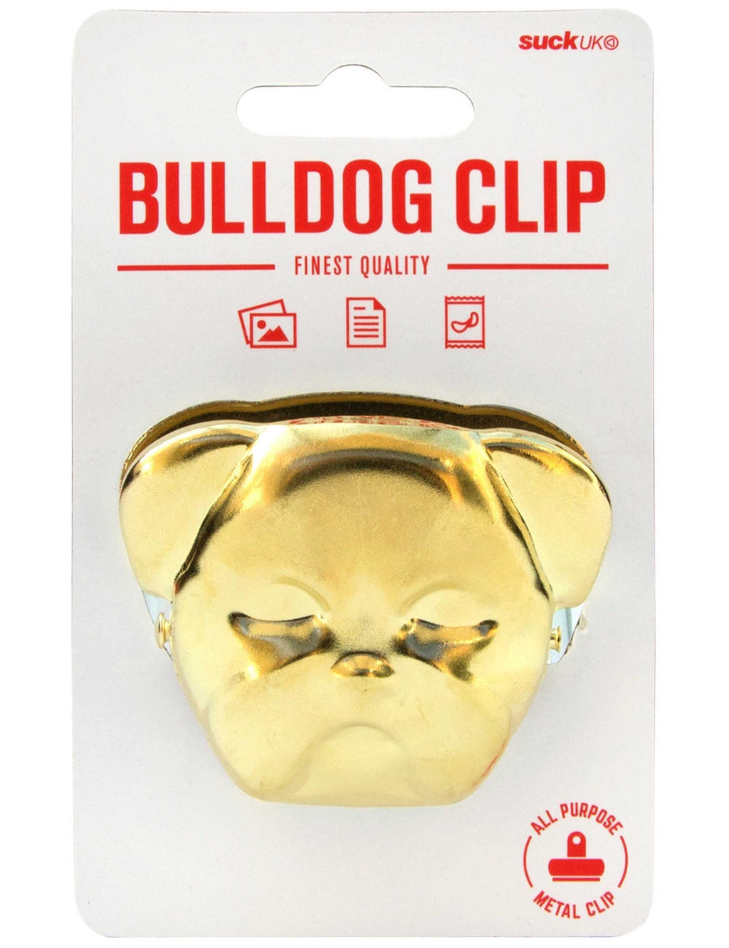 Gold metal bulldog-shaped clip with hinged face, shown on retail card