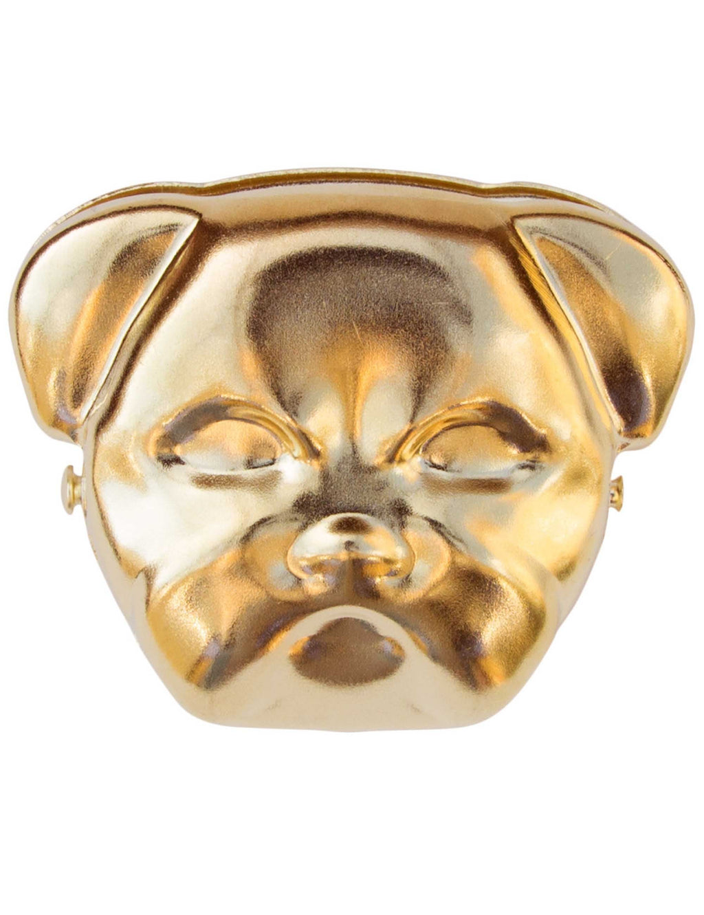 Gold bulldog clip face close-up, embossed details and open hinged jaw