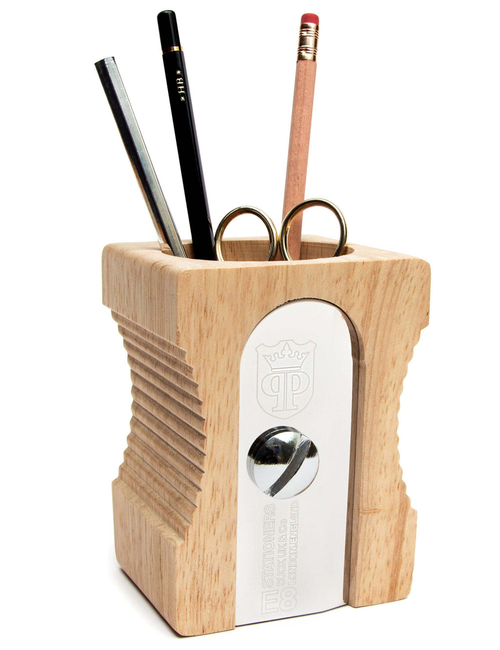 Light wood desk tidy with pencil slots and scissor holder; metal front insert