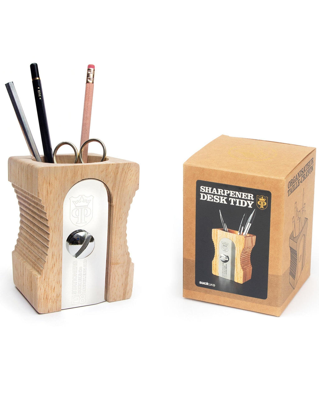 Light wood desk tidy with pencil slots and scissors holder; retail box included