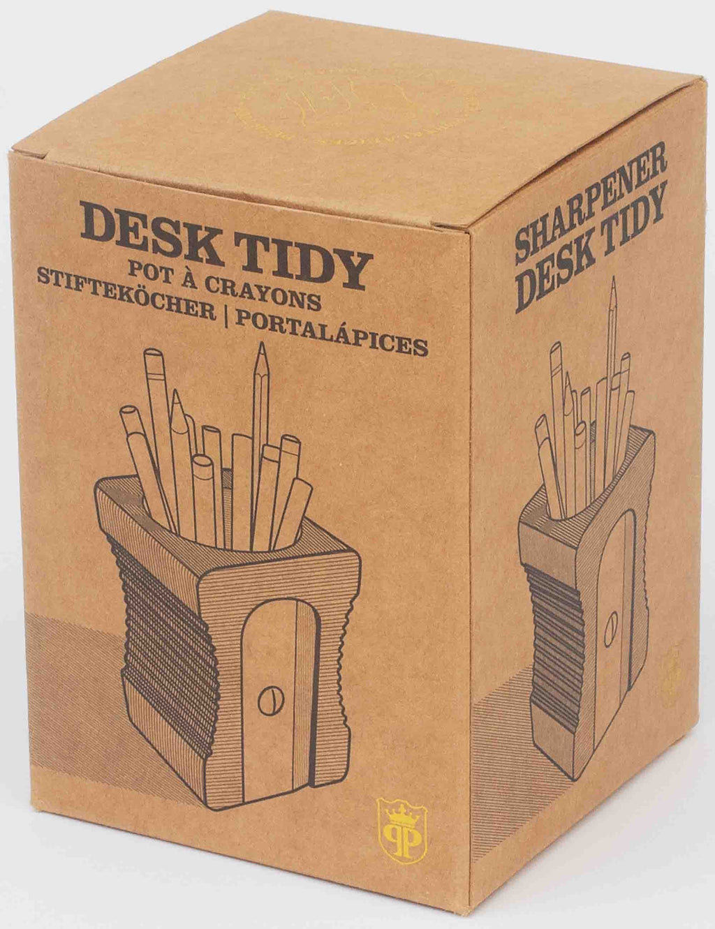 Light wood desk tidy product box with printed pencil-holder design
