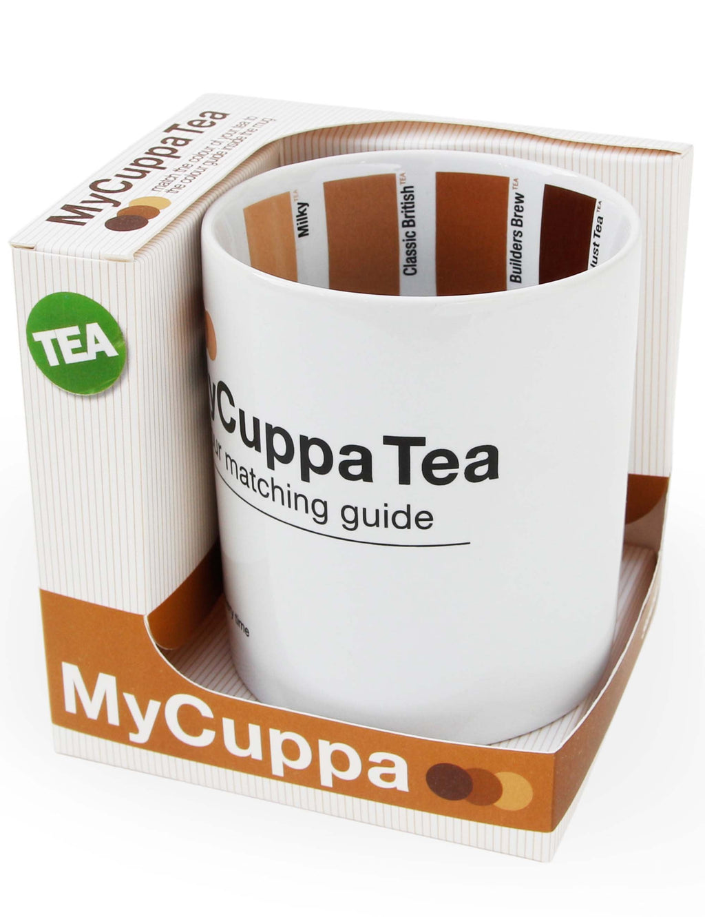 White tea mug with colour matching guide text and colored swatch panel in box