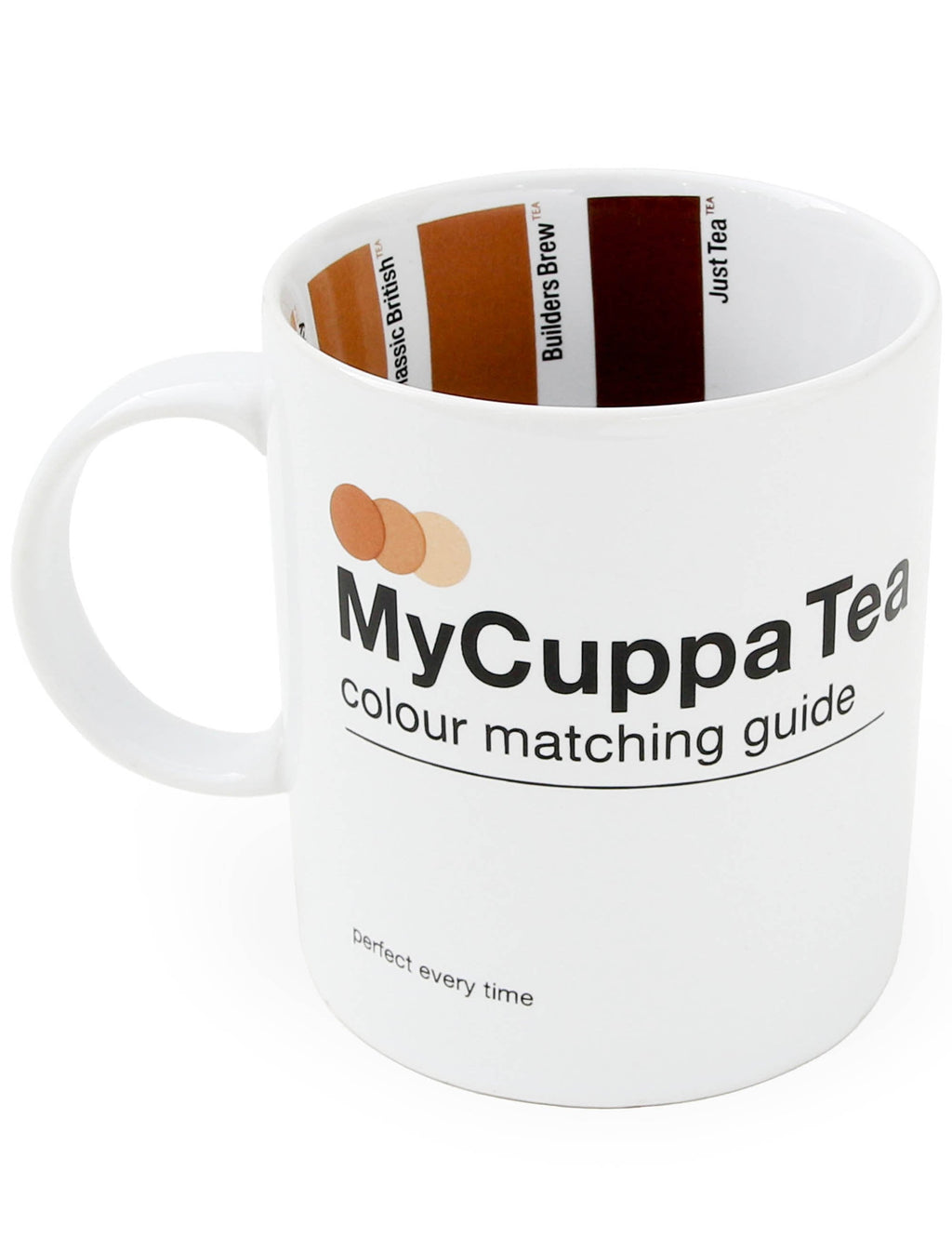 White ceramic tea mug with colour matching guide text and colored swatches on rim