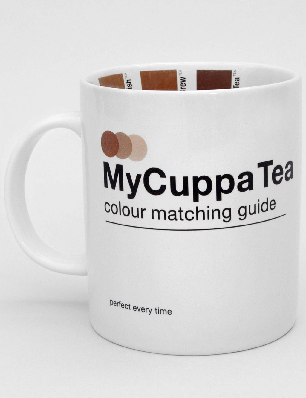 White tea mug with colour matching guide text and colored swatches on rim