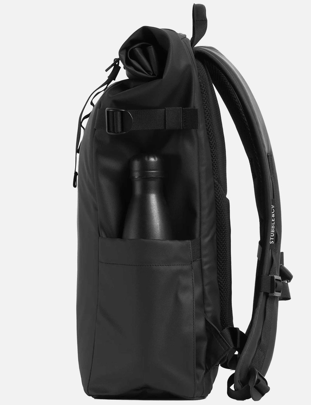 Black roll-top backpack with open top, bottle pocket, and textured back panel