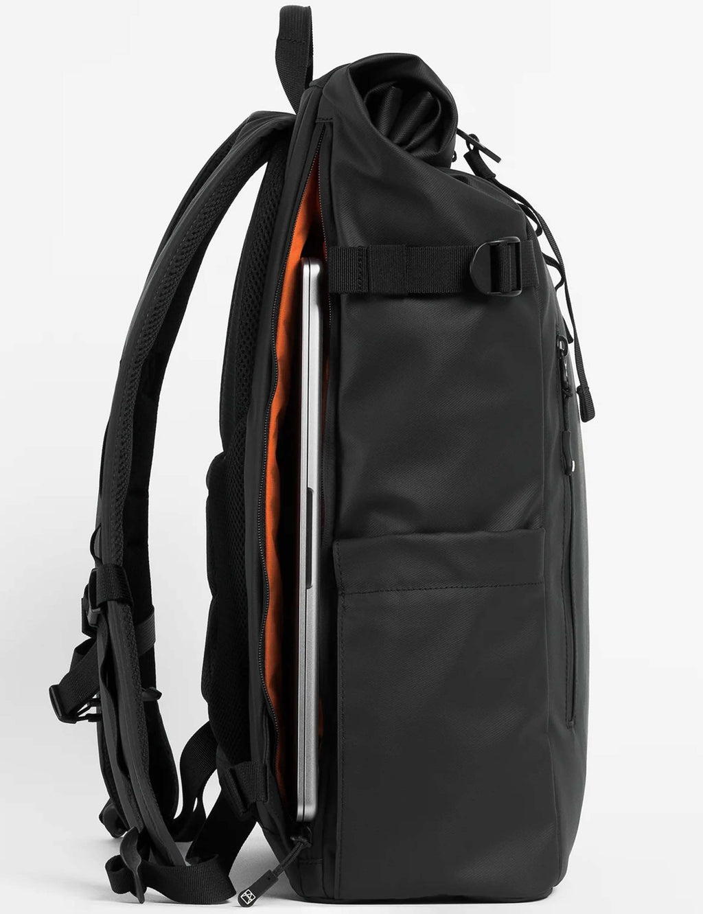 Black roll-top backpack side view with vertical zipper pocket and padded back panel