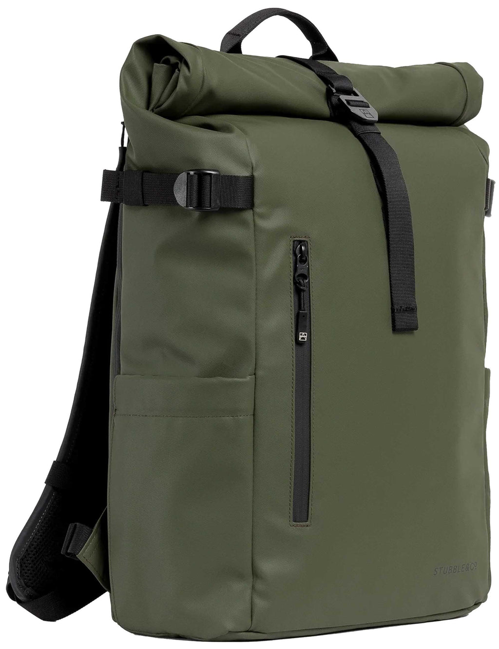 Roll top backpack in dark olive green with padded back and black webbing straps