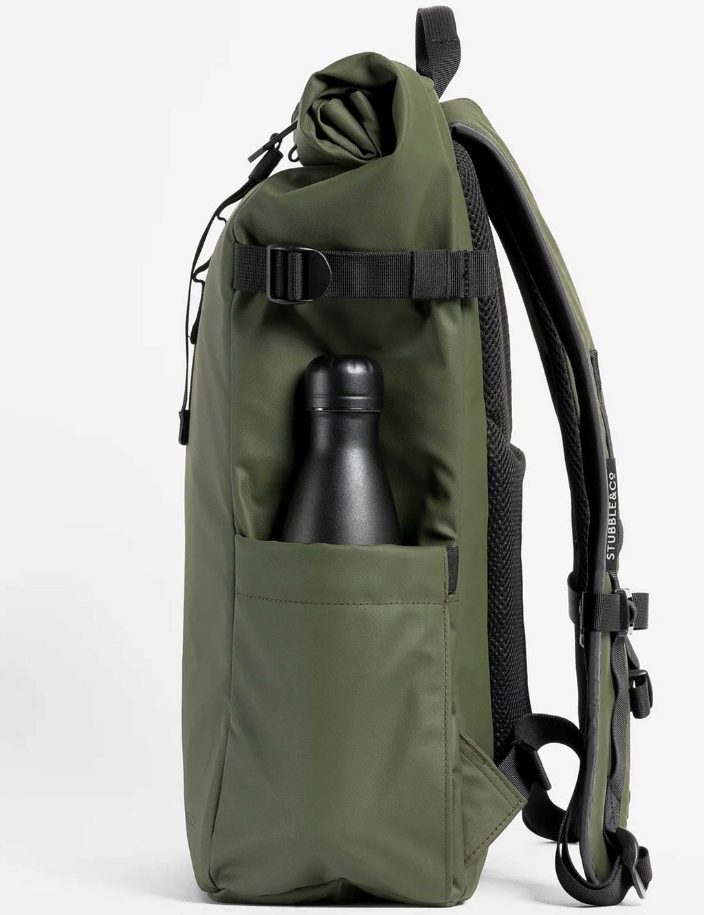 Roll top backpack in dark olive green with roll-top opening and front pocket