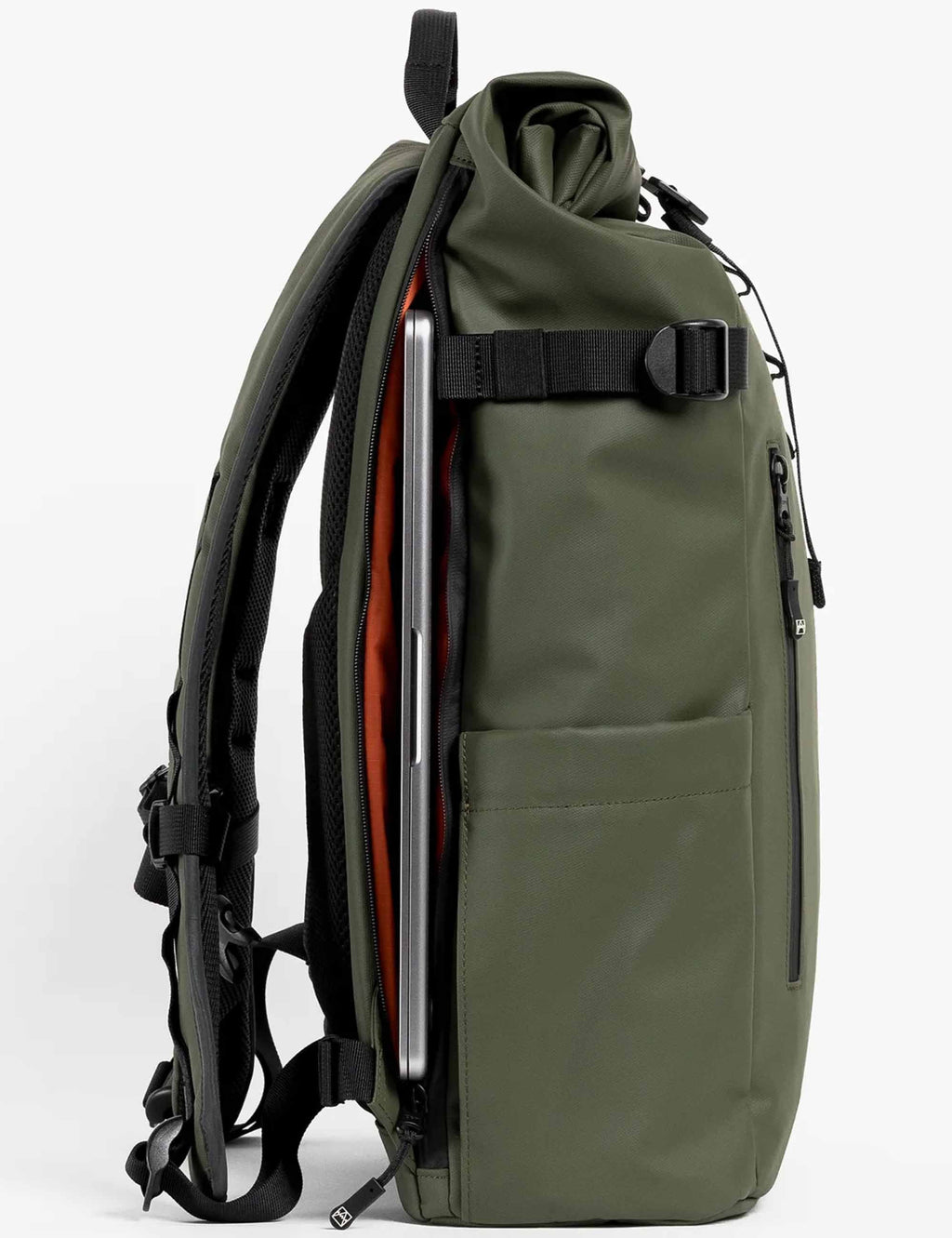 Roll top backpack in dark olive green with side access and padded back panel