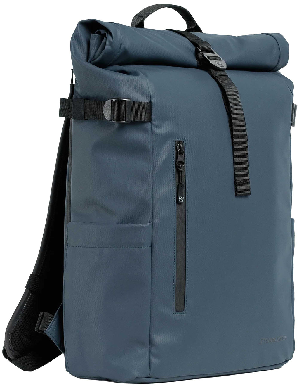 Tasmin Blue roll-top backpack with front buckle strap and vertical zip pocket