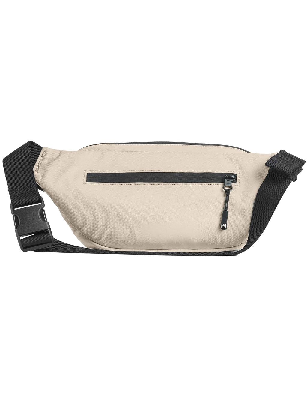 Sand crossbody belt bag with black straps and front zip pocket