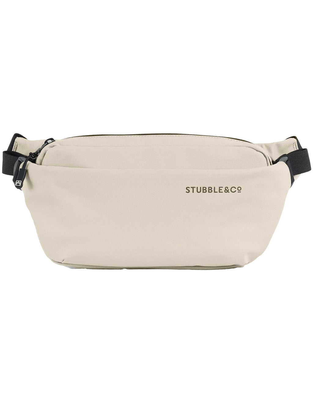 Sand crossbody belt bag with black adjustable straps and STUBBLE&E&O logo