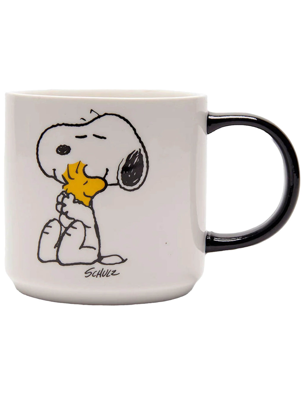 White Snoopy character ceramic mug with black handle and yellow graphic