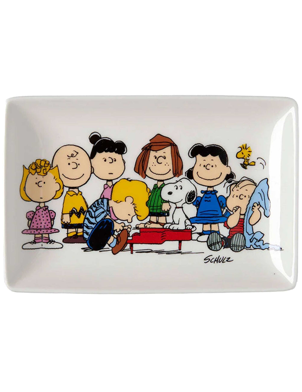 Snoopy trinket tray with Peanuts gang illustration, rectangular white dish