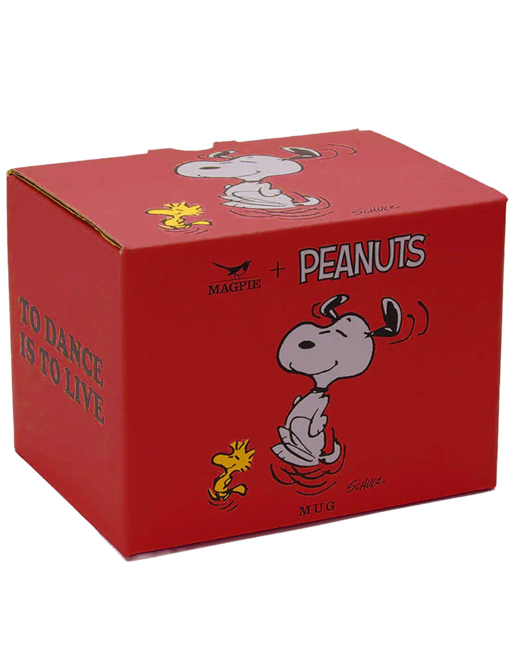 Red product box for Snoopy mug, shows Snoopy dancing and 'PEANUTS'