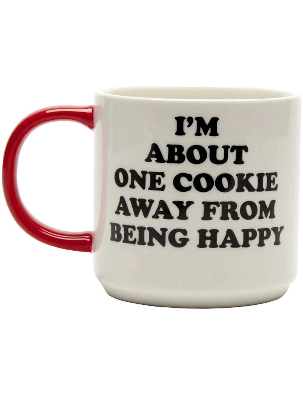 Snoopy mug with quote “I’m about one cookie away from being happy”, red handle