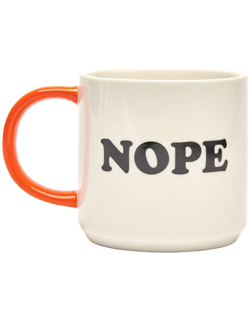 White Snoopy mug with orange handle, large NOPE text on front