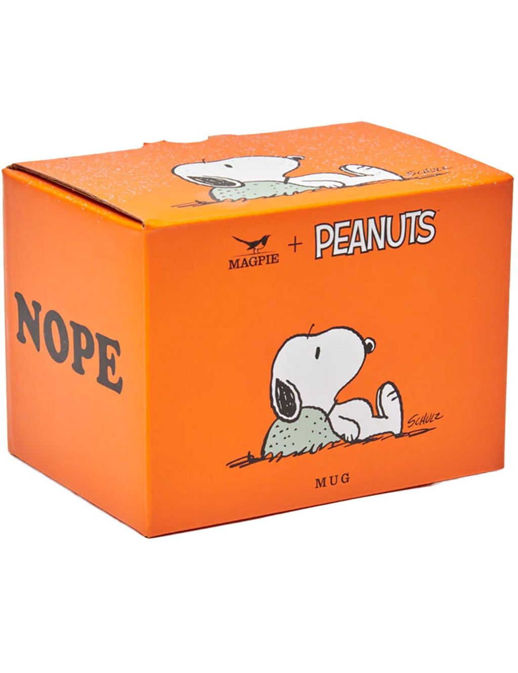 Orange mug box with Snoopy and Magpie, NOPE text, PEANUTS logo