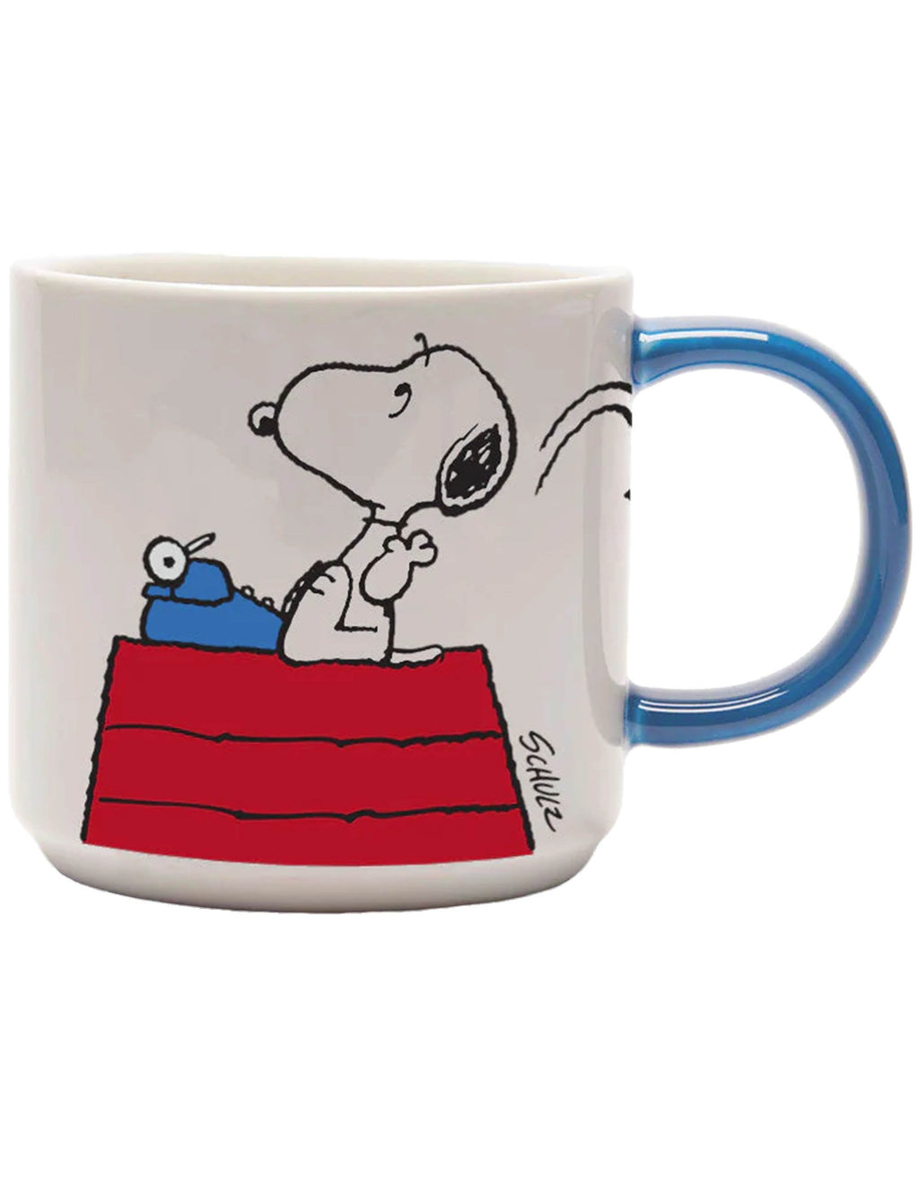 Snoopy mug with blue handle, Snoopy at red desk and black line drawing