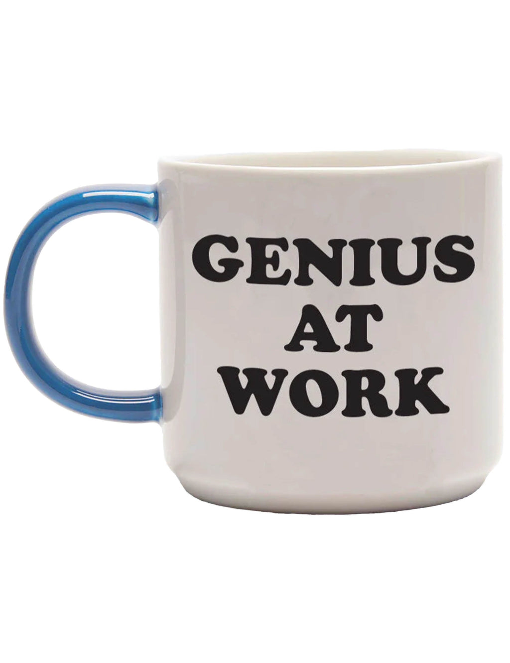 Snoopy mug with blue handle, text 'GENIUS AT WORK' in black on white