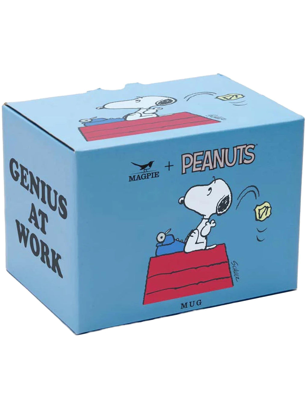 Snoopy mug gift box, blue with Snoopy at desk, 'GENIUS AT WORK' lettering