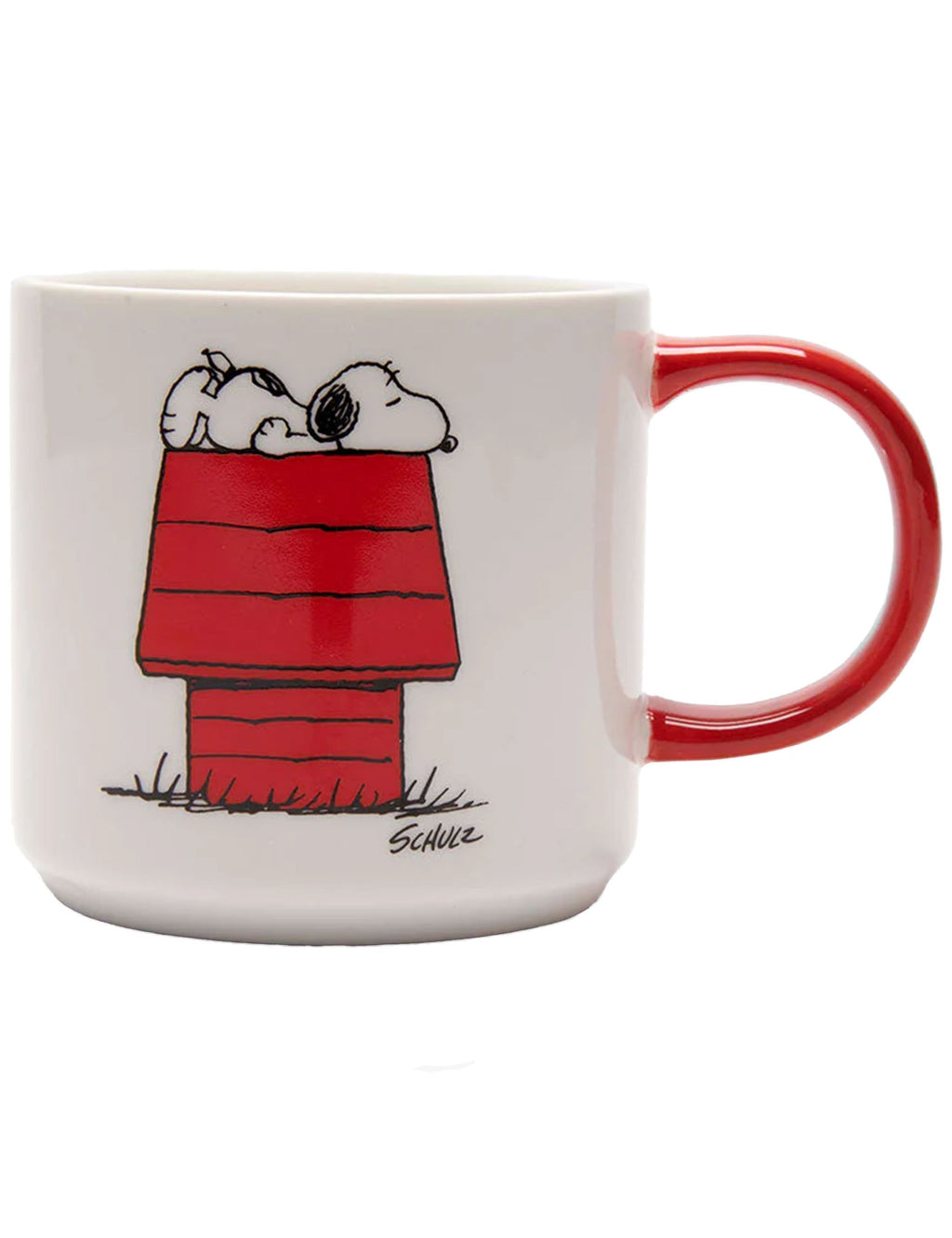 Snoopy mug with red handle and Snoopy in a red blanket graphic