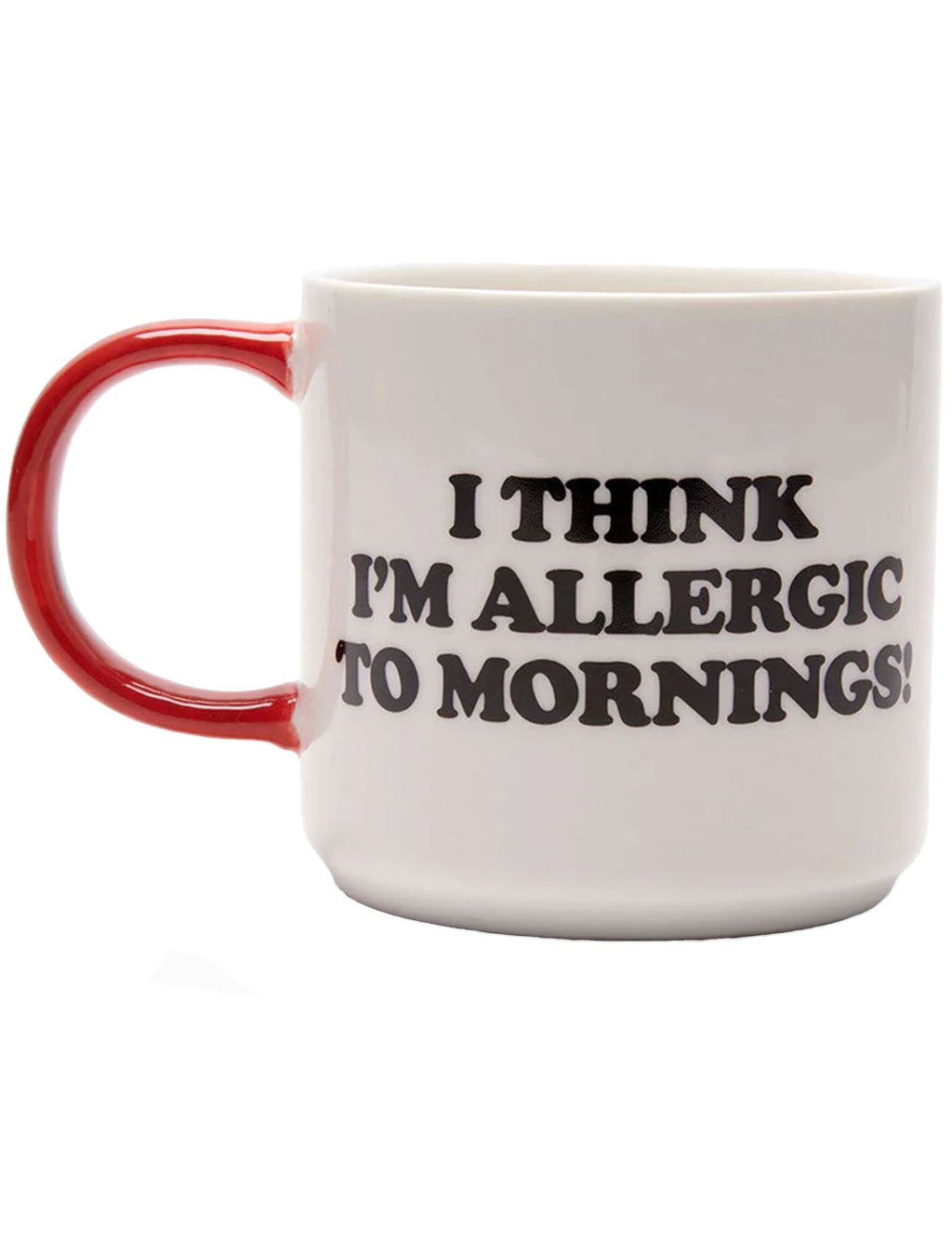 White mug with red handle and 'I think I'm allergic to mornings' text