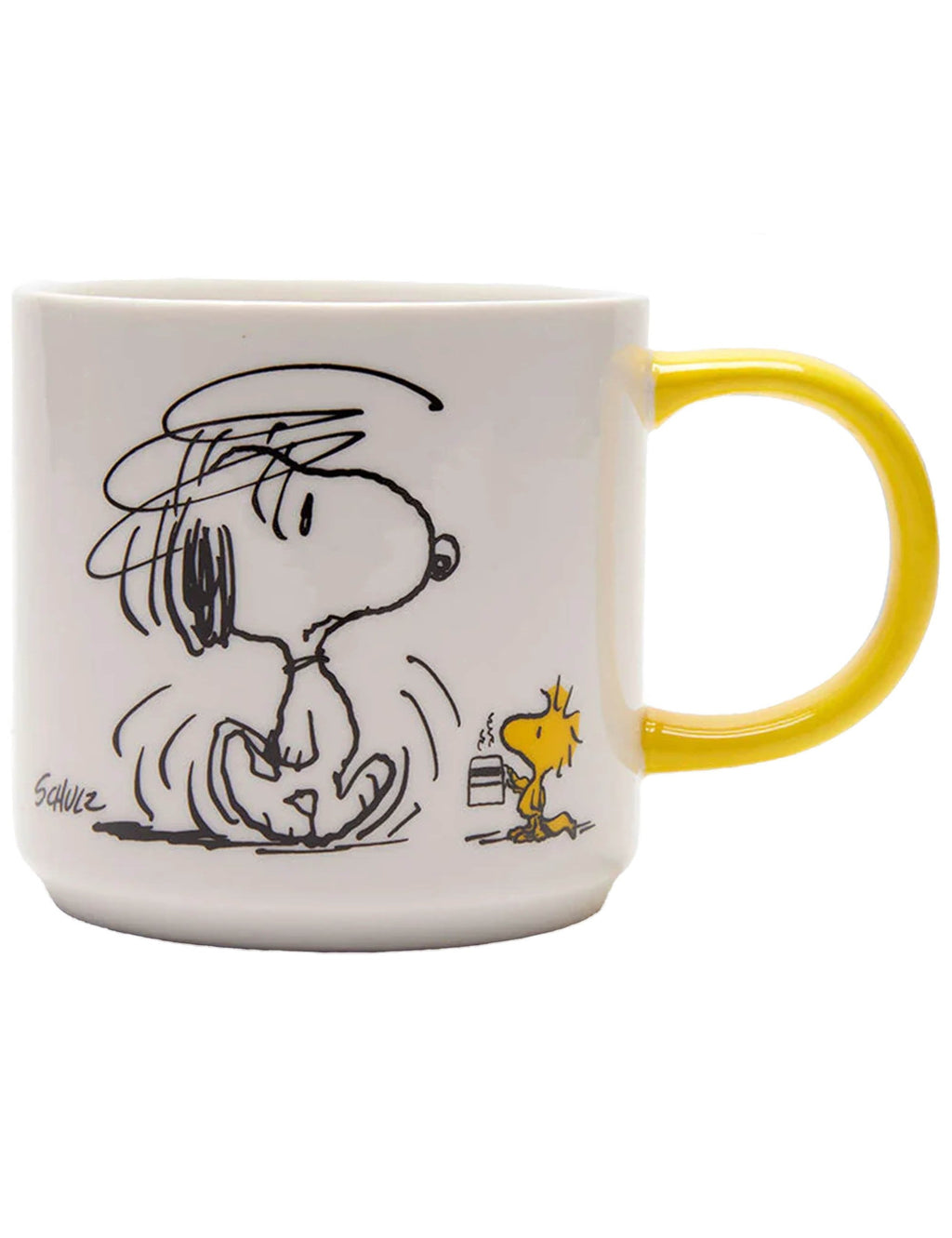 Snoopy coffee mug with Snoopy illustration and yellow handle, white ceramic