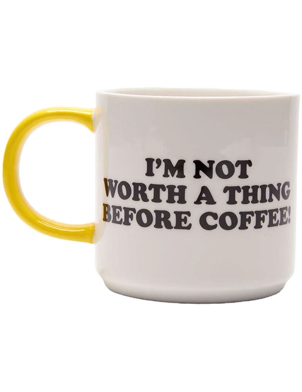Snoopy coffee mug with "I'M NOT WORTH A THING BEFORE COFFEE" text and yellow handle