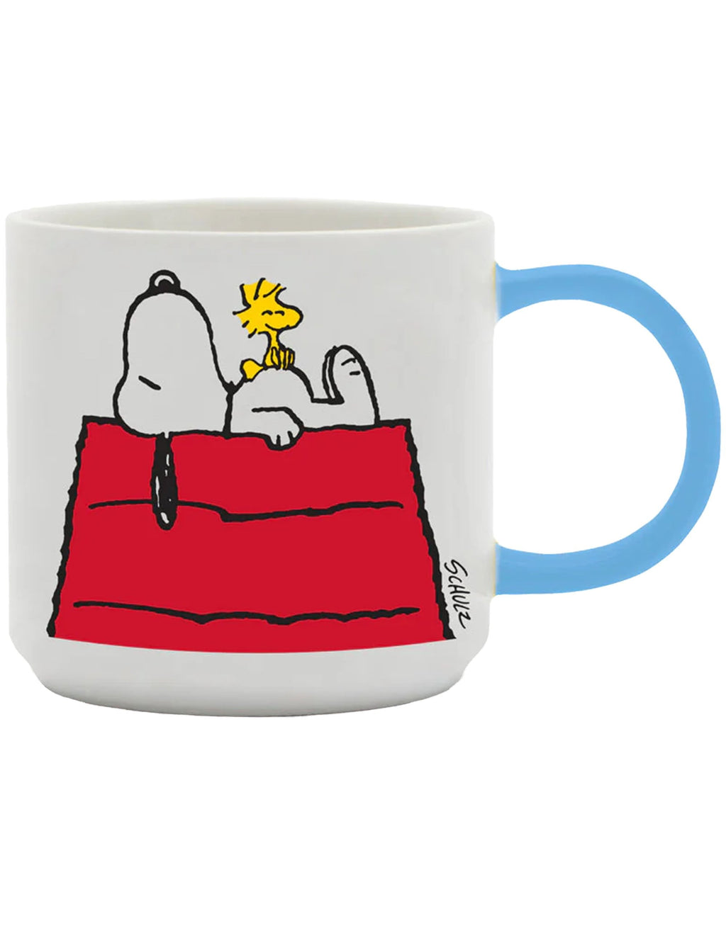 Snoopy cartoon mug with Snoopy on red couch and yellow bird; white with blue handle