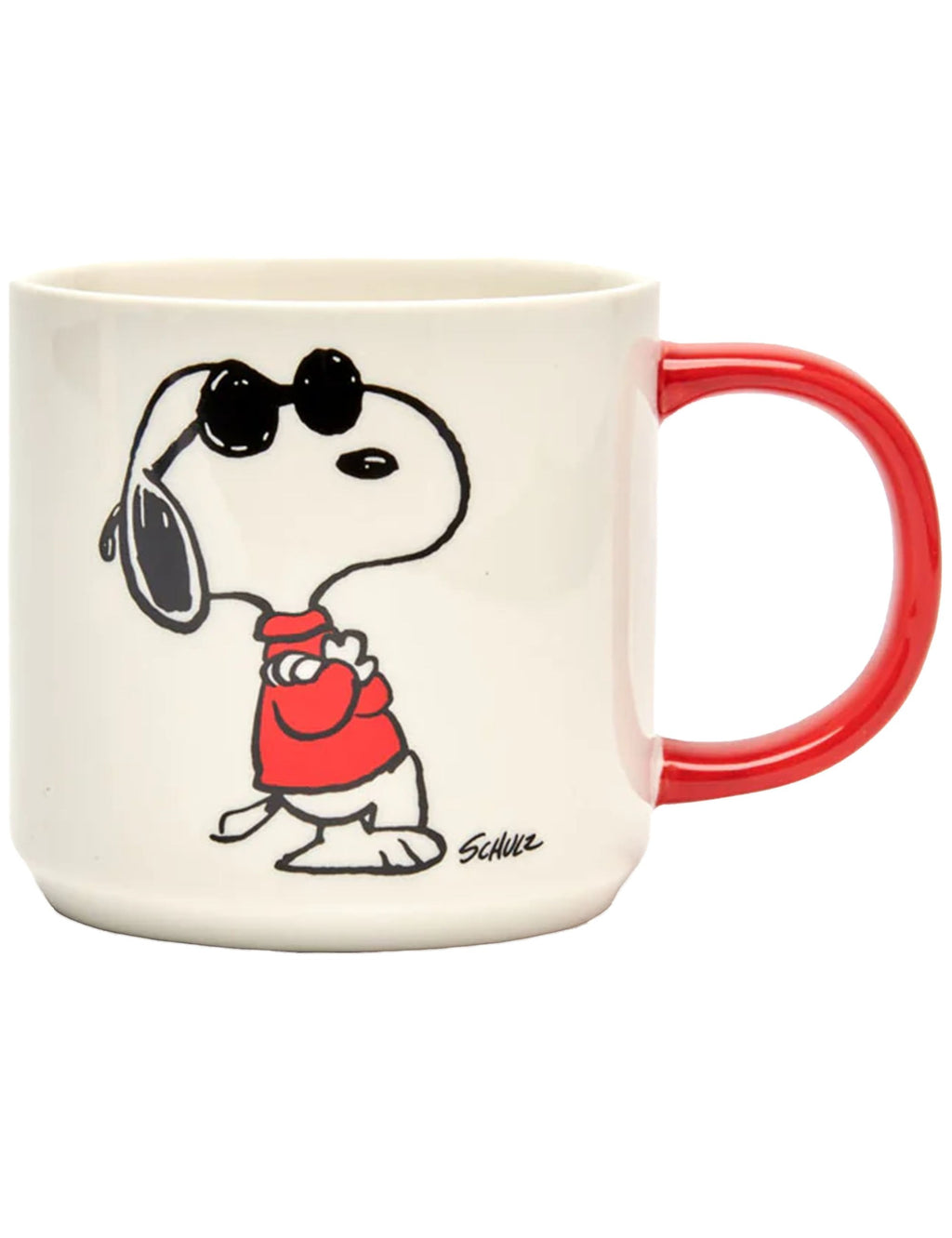 Snoopy mug with red handle, Snoopy holding a heart, and “Stay Cool” print