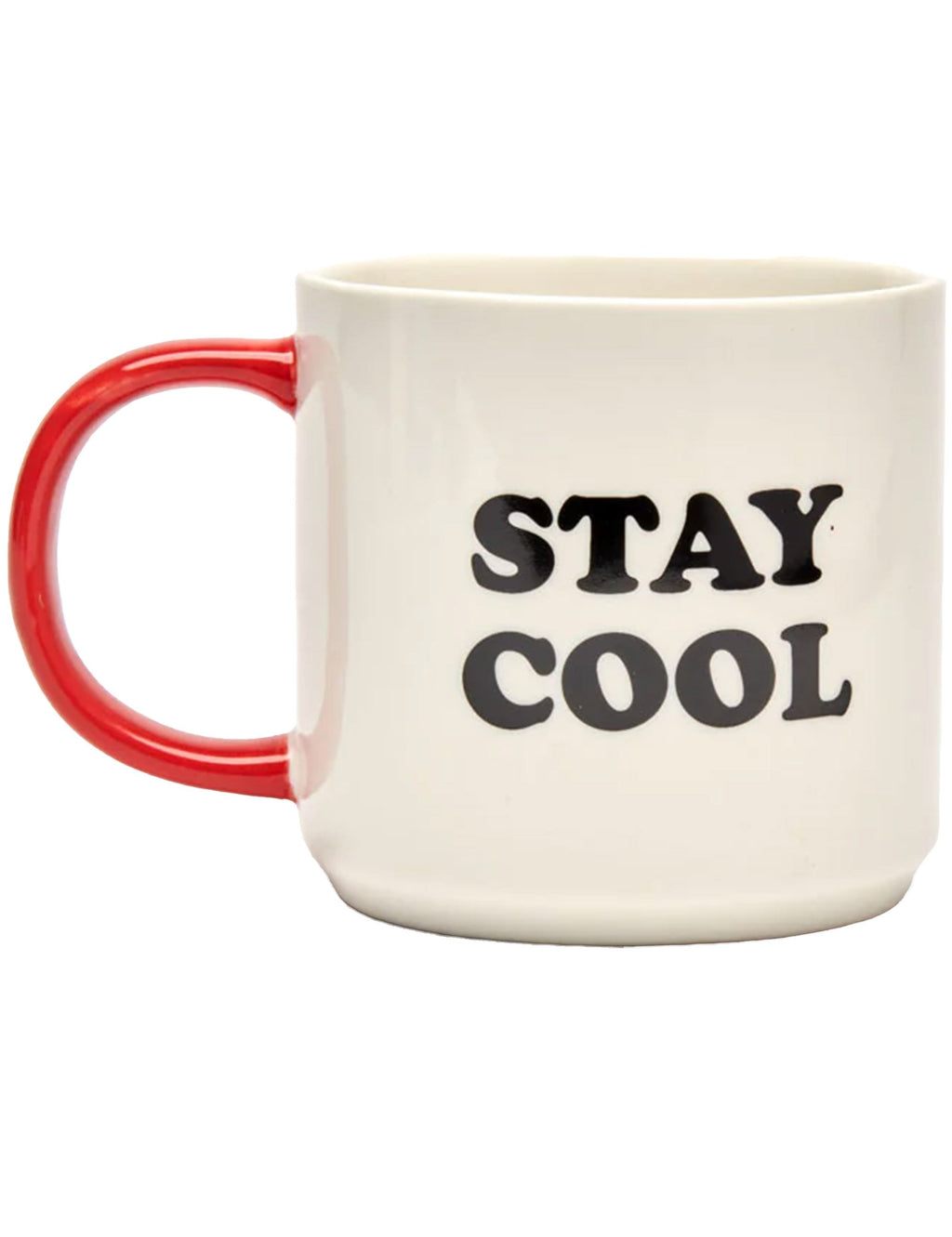 Snoopy mug with red handle and large “STAY COOL” text on the front