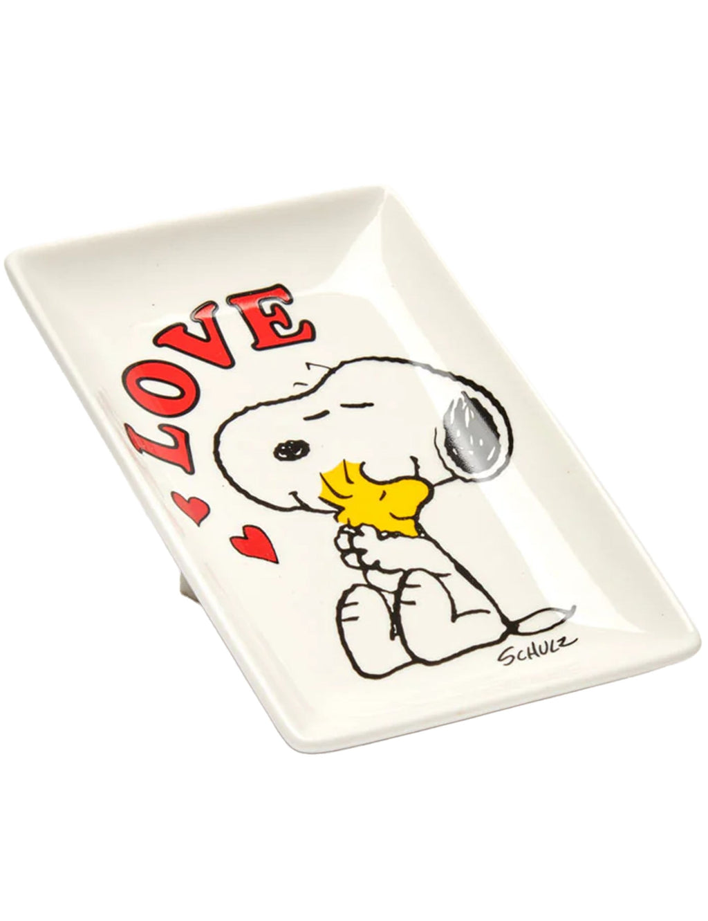Snoopy trinket tray with 'LOVE' text, hearts, and Snoopy hugging a heart