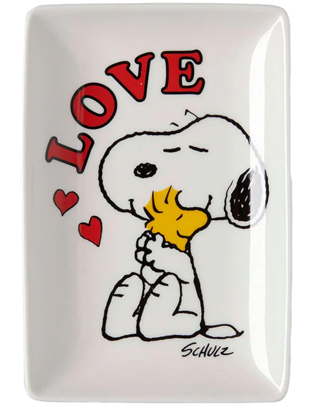 Snoopy trinket tray, 'LOVE' lettering around Snoopy in white with yellow collar