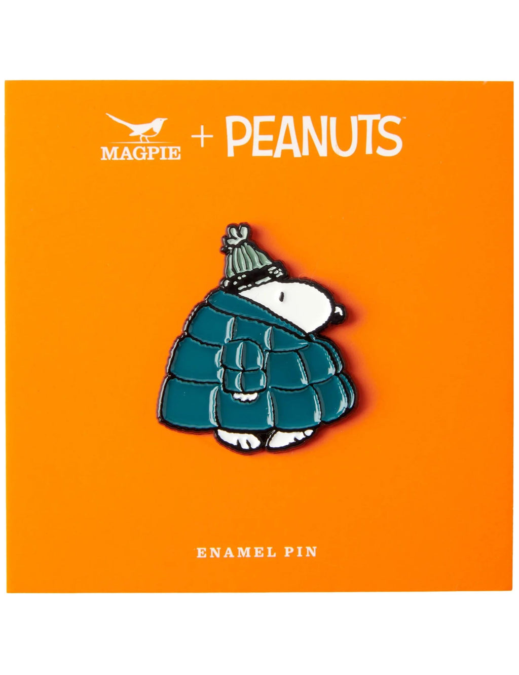 Snoopy enamel pin of white dog in teal puffer jacket with small hat