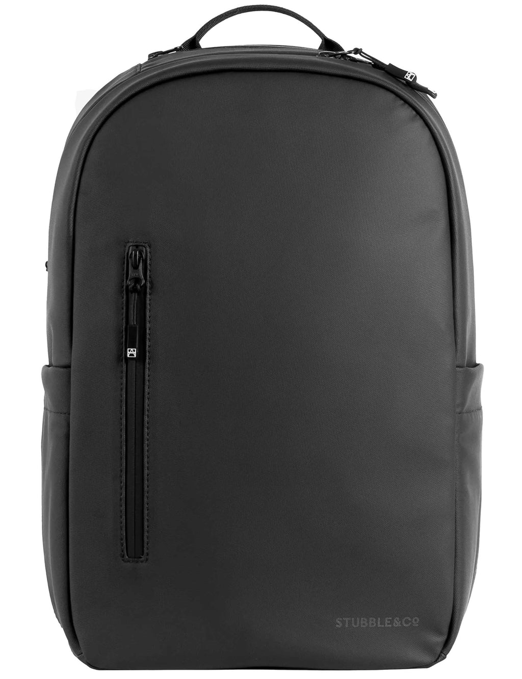 All-black 20L backpack with curved top handle and front zip pocket