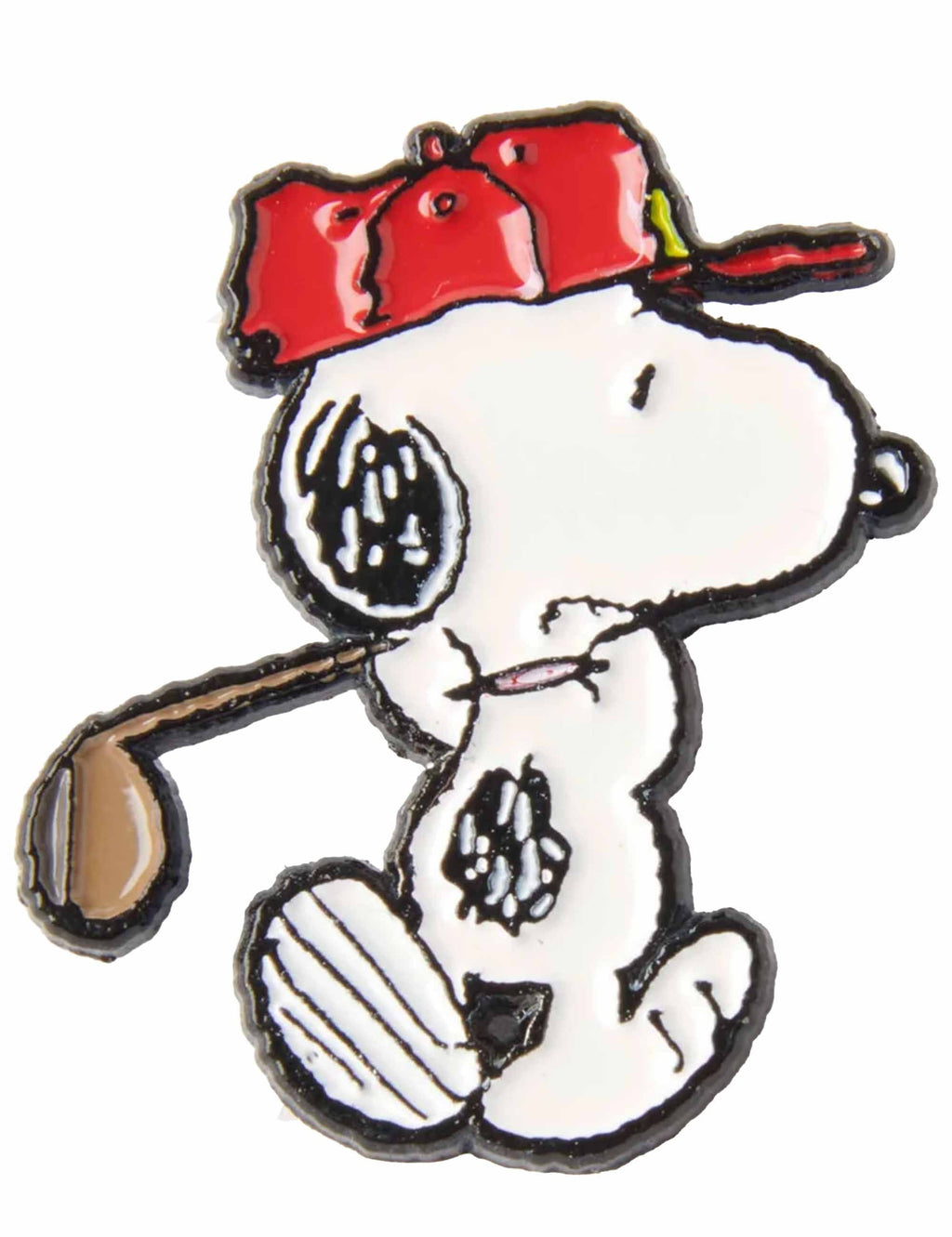 Snoopy enamel pin badge close-up, red dog with tan golf club