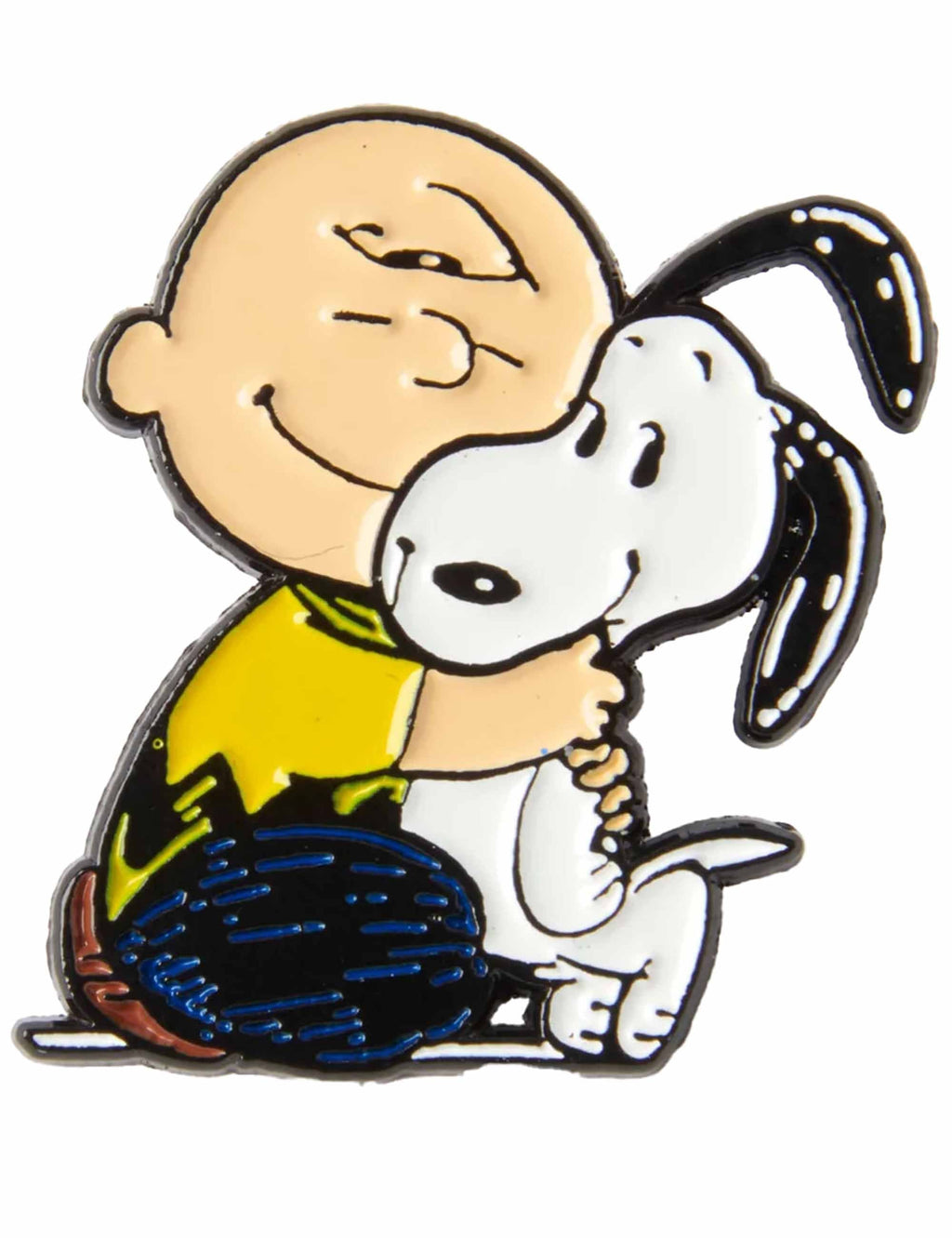 Snoopy Enamel Pin Badge - Be Kind, Warm Puppy by Magpie — close-up showing Snoopy hugging puppy in yellow and blue