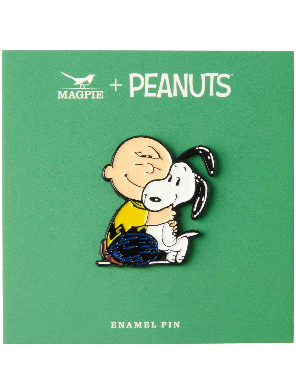 Snoopy Enamel Pin Badge - Be Kind, Warm Puppy by Magpie for Peanuts — nickel-plated brass lapel pin with Snoopy hugging a warm puppy