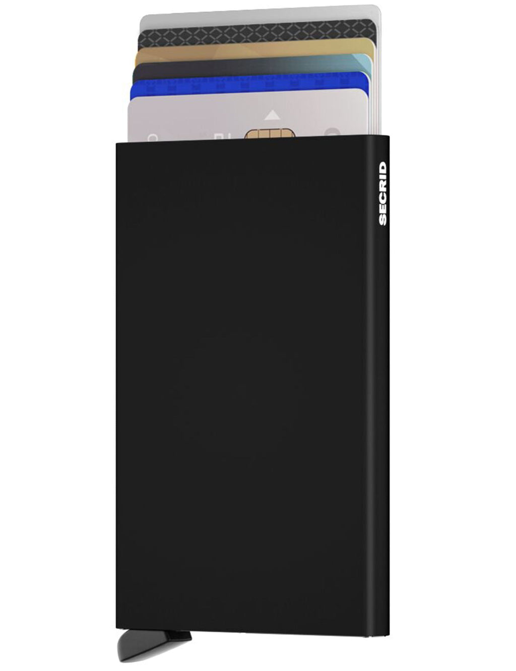 Black card protector wallet with cards peeking from top slot