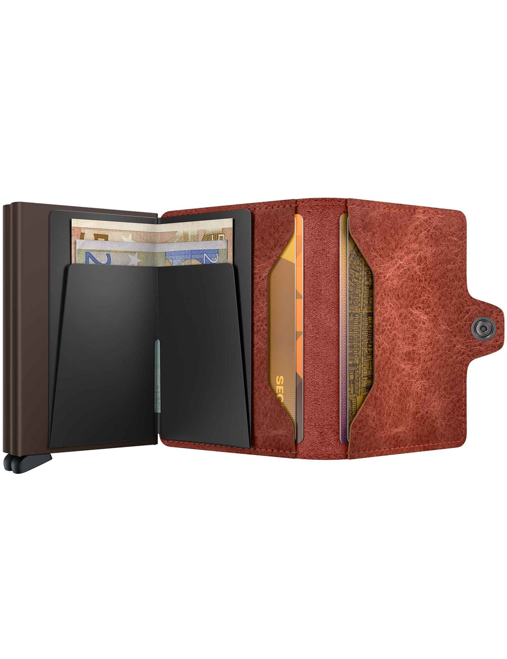 SECRID twin wallet open, card pockets and interior divider in vintage orange leather